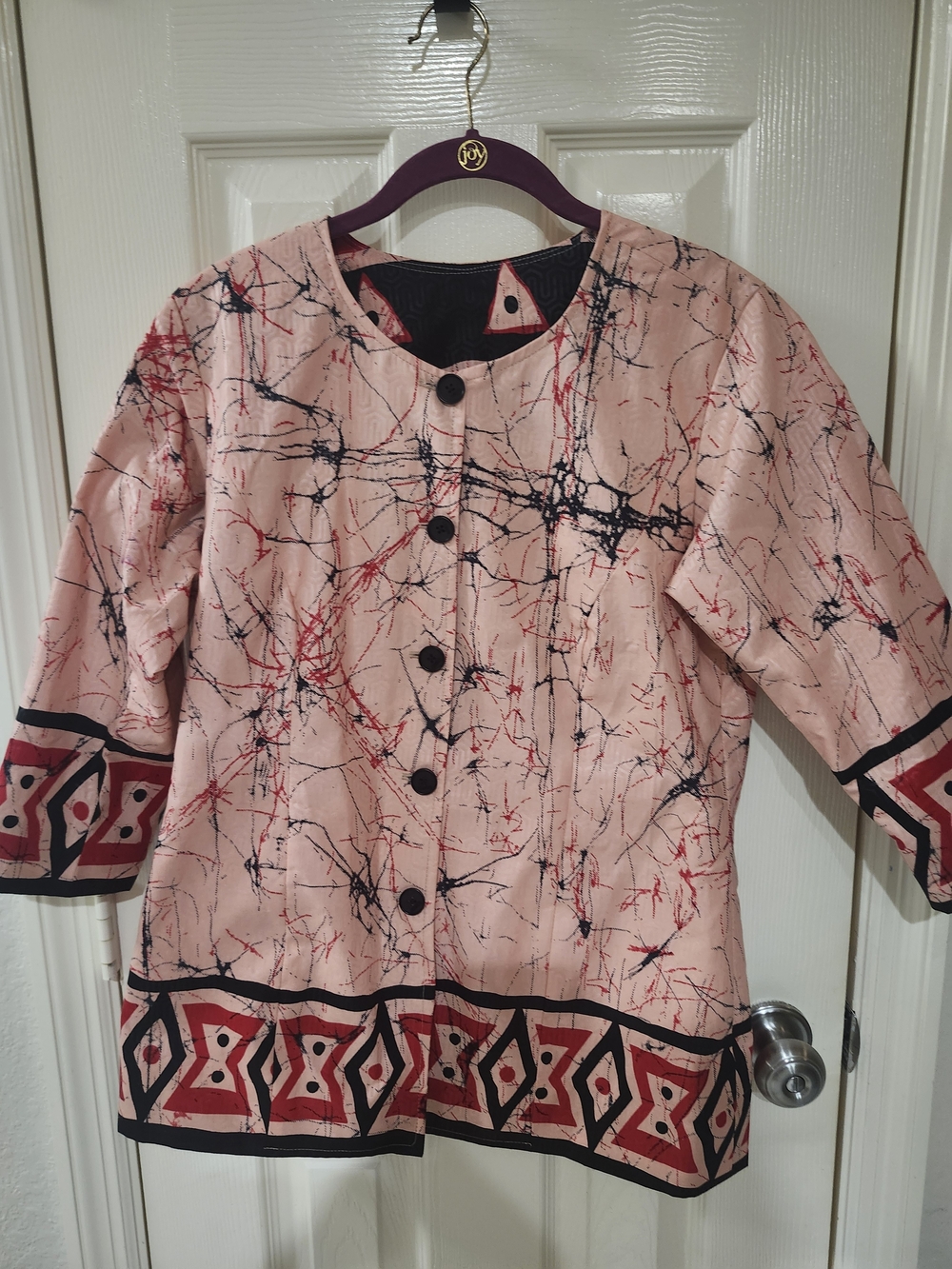 Vintage Artisan Batik Print Jacket Pink Black Abstract Structural Blazer XS/S
